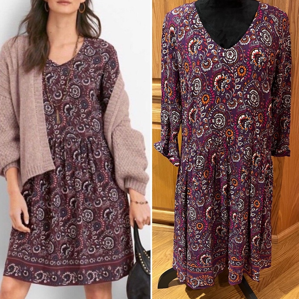 Garnet‎ Hill Floral Paisley Bohemian Pocket-Detail 3/4 Sleeve Dress Purple Sz 14